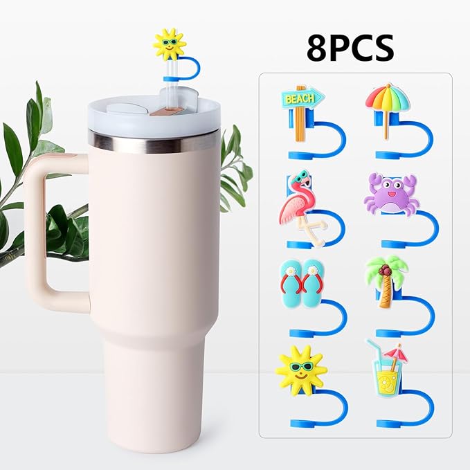 8Pcs Summer Cap Straw Cover Cap for Stanley Cup 40oz/30oz Tumbler, 10mm Reusable Cute Drinking Straw Topper Accessories, Portable Protector Plugs Decorations Gifts for Party Favors