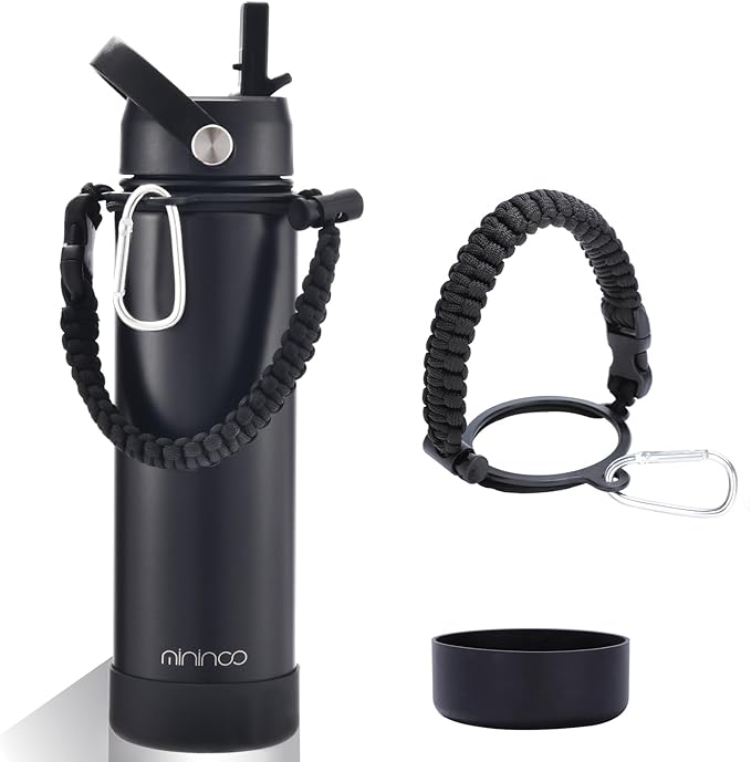 mininoo Insulated Stainless Steel Water Bottle with Straw and Lid for Sports, 24 oz, Midnight Black