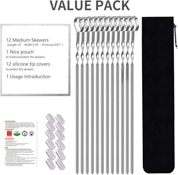 Skewers for Kabobs, 14" Metal Kebab Skewers for Grilling Flat Long Stainless Steel Kabob Sticks, Reusable Grill Shish BBQ Barbecue Sticks for Meat Chicken Vegetable Shrimp, 12 Pack