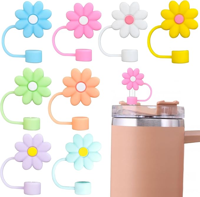 Straw Covers Cap Fit for Stanley Cup, 8Pcs Silicone Flower Straw Toppers Compatible for Stanley 30&40 Oz Tumbler, 10mm Drinking Straw Tip Covers Fit for Stanley Cups Accessories