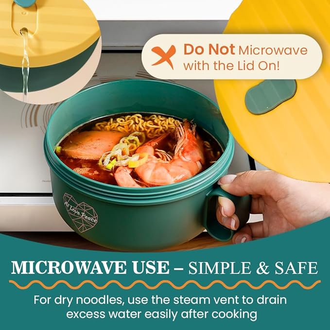 AI LOVE PEACE Ramen Bowl, 40 oz Microwaveable Noodle Cooker for Ramen, Pho, Soup, and Pasta, Dishwasher Safe and Portable, Ideal for Home, Office, Dorm, or Gift (Green)