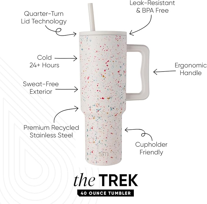 Simple Modern 40 oz Trek Tumbler with Handle and Straw Lid | Cup Holder Friendly Insulated Stainless Steel Travel Mug | Cream Terrazzo