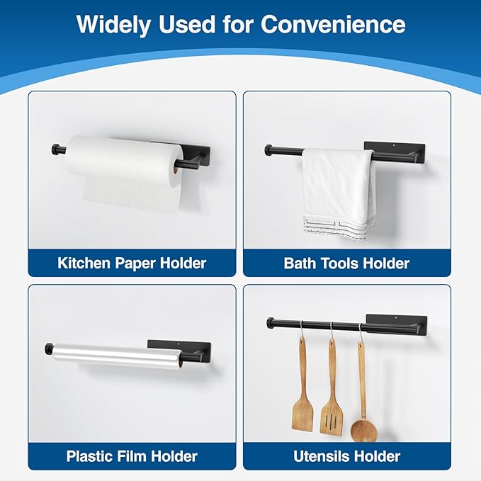 Paper Towel Holder - Self-Adhesive or Drilling, Matte Black Wall Mounted Rack - SUS304 Stainless Steel Kitchen Roll Holder Under Cabinet (2 Pack)