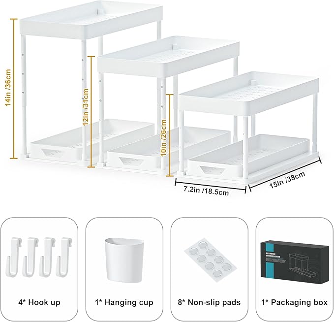 HI NINGER 2 Pack Adjustable Height Under Sink Organizers and Storage, 2Tier Bathroom Organizer Under Sink,Multifunction Kitchen Under Sink Organizer with 8 Hooks and 2 Hanging Cups and16Non-slip mat
