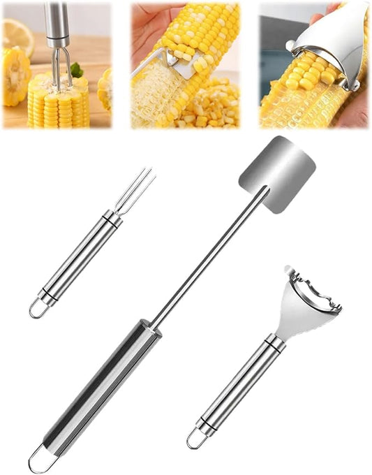 3PCS Corn Peeler Set – Stainless Steel Corn Stripper Tool with Cutter, Planer & Holder – Quickly Remove Kernels from Corn on the Cob – Dishwasher Safe, Easy Grip Handle, for Home & BBQ