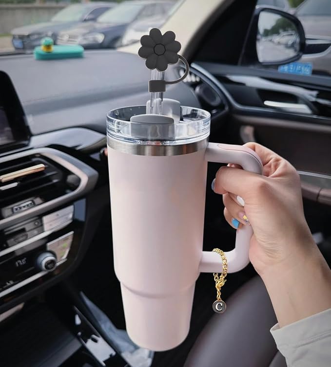 Stanley Cup Accessories, 1pc Flower Stanley Straw Cover Silicone Straw Topper for Stanley 30&40 oz Tumbler with Handle and 1pc Initial Letter Charm for Stanley Cup (Letter C)