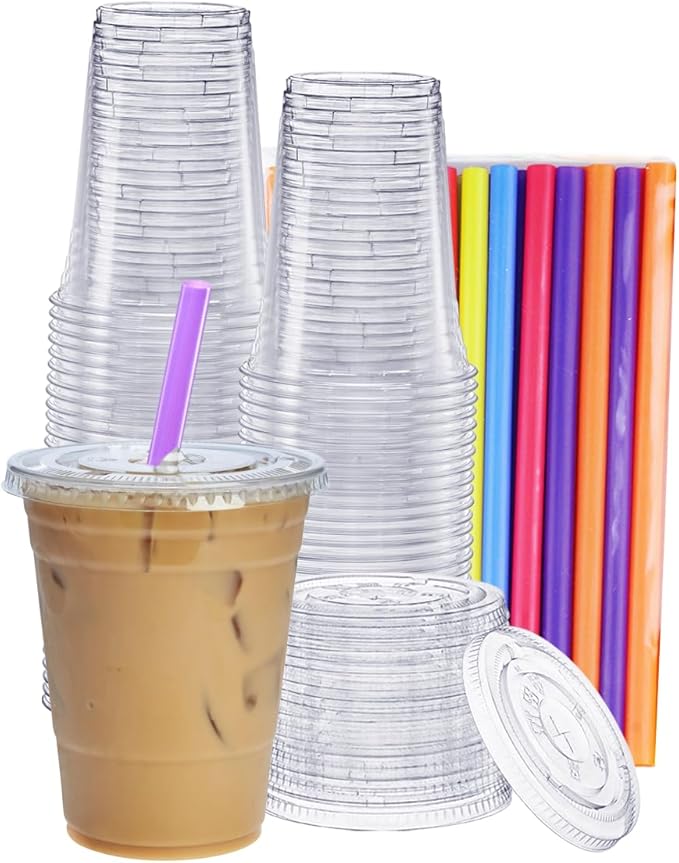 GUSTO [16 oz. - 100 Count Clear Cups with Flat Lids & Straws - Disposable Clear Drinking Cups for Iced Coffee, Cold Drinks, Milkshakes, and Smoothies - Formerly Comfy Package