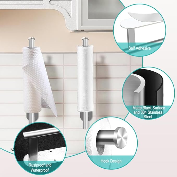 MGahyi Paper Towel Holder Wall Mount, Self Adhesive Or Drilling Under Cabinet Kitchen, 13.2 inch Stainless Steel Paper Towel Roll Rack, Towel Roll Hanger for Bathroom(Silver, Rectangle)