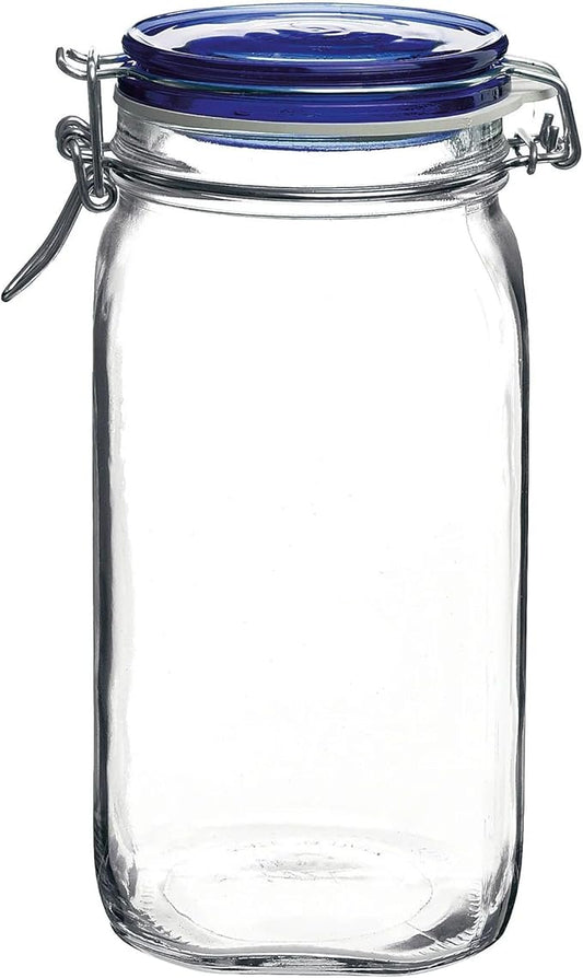 Bormioli Rocco Fido Glass Storage Jar, Blue Lid Airtight Pantry Canister - 50.75 oz Clamp Lock Container for Pasta, Rice, Coffee & Dry Goods - Italian Glass, Dishwasher & Microwave Safe