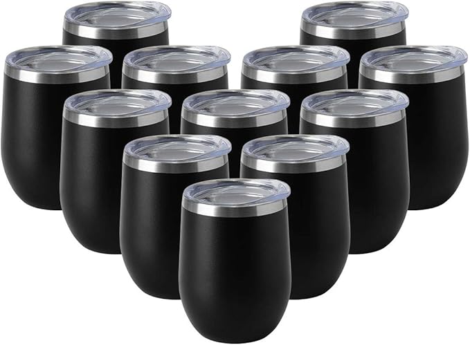 HASLE OUTFITTERS 12oz Wine Tumbler with Lid Stemless Wine Glasses Double Wall Vacuum Travel Mugs stainless steel Coffee Cup for Cold & Hot Drinks Wine Coffee Cocktails Beer 12 Pack Black