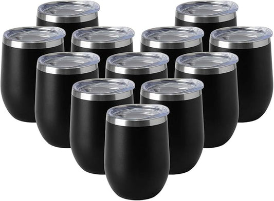 HASLE OUTFITTERS 12oz Wine Tumbler with Lid Stemless Wine Glasses Double Wall Vacuum Travel Mugs stainless steel Coffee Cup for Cold & Hot Drinks Wine Coffee Cocktails Beer 12 Pack Black