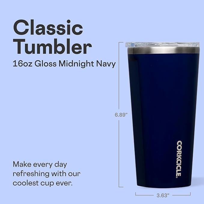 Corkcicle Classic Tumbler - Keeps Drinks Cold for 9 Hours & Hot for 3 - Triple-Insulated Stainless Steel - Holiday Tumbler Gift - 16 oz - Gloss Midnight Navy