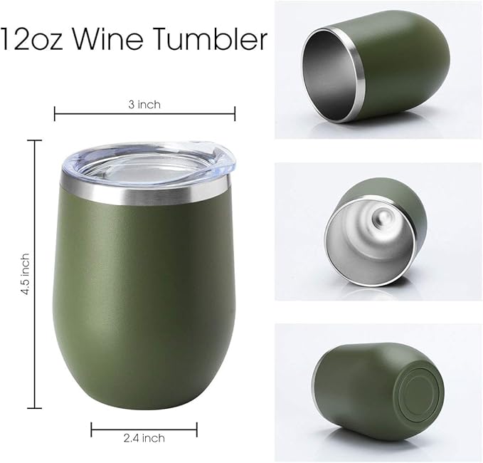 HASLE OUTFITTERS 12oz Wine Tumbler with Lid Stemless Wine Glasses Double Wall Vacuum Travel Mugs stainless steel Coffee Cup for Cold & Hot Drinks Wine Coffee Cocktails Beer 6 Pack Army Green