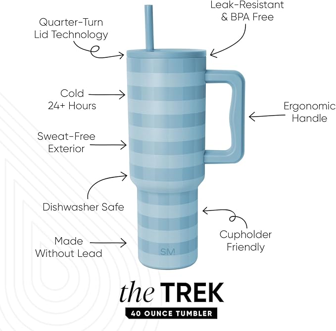 Simple Modern 40 oz Trek Tumbler with Handle and Straw Lid | Cup Holder Friendly Insulated Stainless Steel Travel Mug | Blue Jay Gingham