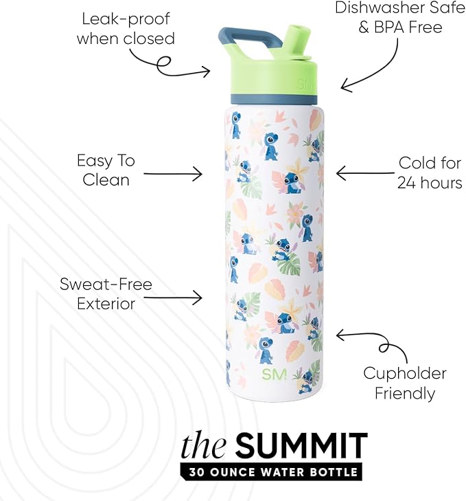 Simple Modern Summit Water Bottle with Straw Lid | Disney Stitch 30oz Leak Proof Stainless Steel Insulated Cup | Gifts for Her Him | Stitch Paradise