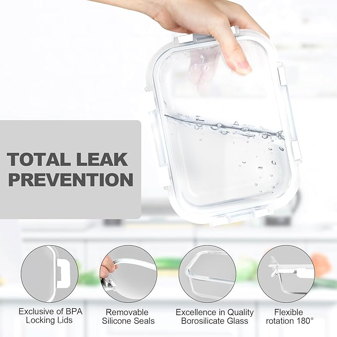 VERONES 10 Pack 22 OZ Glass Meal Prep Containers, Airtight Glass Lunch Containers Set, Food Storage Containers with Lids,BPA Free, for Microwave, Oven, Freezer & Dishwasher Friendly,White