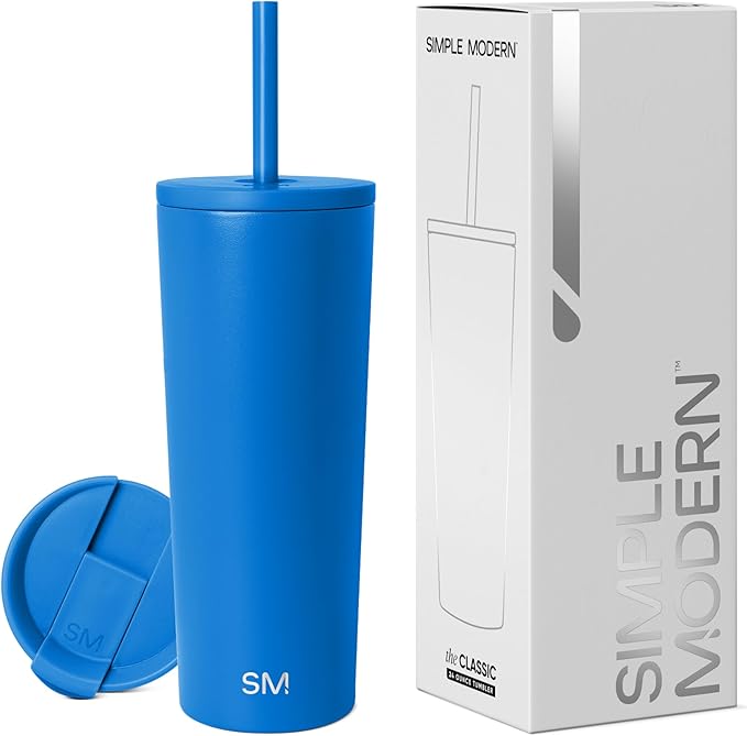 Simple Modern Insulated Tumbler with Lid and Straw | Iced Coffee Cup Reusable Stainless Steel Water Bottle Travel Mug | Gifts for Women Men Her Him | Classic Collection | 24oz | Supersonic Blue