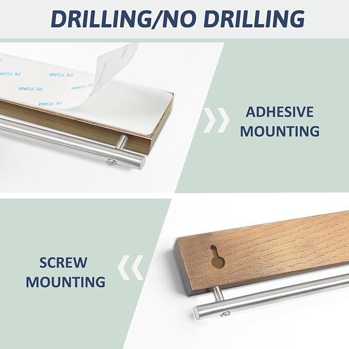 12 Inch Magnetic Knife Holder for Wall Wooden Magnet Knife Strip No Drill with 5 Hooks/Adhesive Tape/Screws, Kitchen Utensil Holder, Magnetic Knife Organizer, Wall Mounted Knife Storage