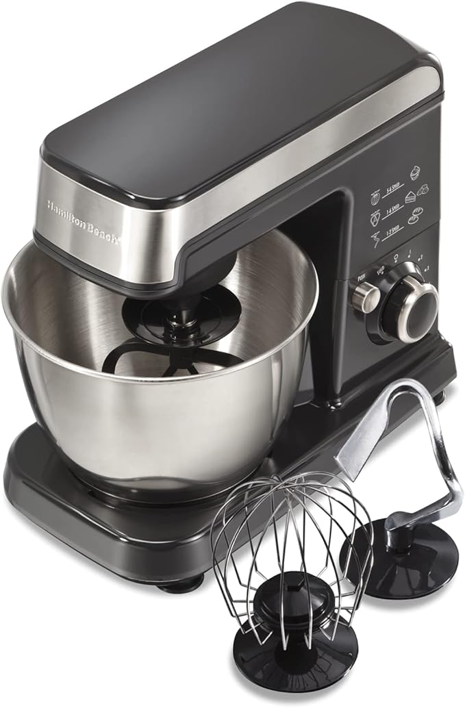 Hamilton Beach 6 Speed Electric Stand Mixer with Stainless Steel 3.5 Quart Bowl, Planetary Mixing, Tilt-Up Head, 300W Motor, Black (63326)