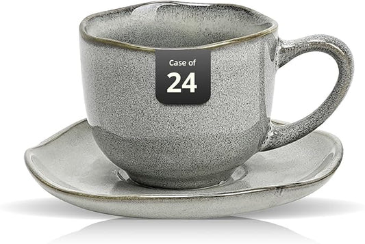 Organic Shape Restaurant 8oz Coffee Cup and Saucer, Commerical Grade Catering Stoneware Cups and Saucers in Ir-regular Organic Shape, Chip & Scratch Resistant, Glossy Reactive Glaze Grey, Case of 24