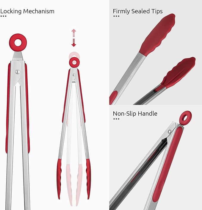 600ºF Heat Resistant Kitchen Tongs: U-Taste 12 inch Large Silicone Cooking Tong with Sturdy Non Stick Rubber Tips & Silicon Coated 18/8 Stainless Steel Handle & Smooth Locking for Serving Grill (Red)