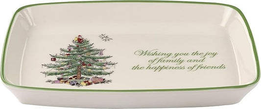 Spode Christmas Tree Rectangular Sentiment Tray (7" x 5") - Festive Earthenware Serving Plate for Holiday Snacks, Side Dishes, Treats, Durable Christmas Tableware - Microwave & Dishwasher Safe