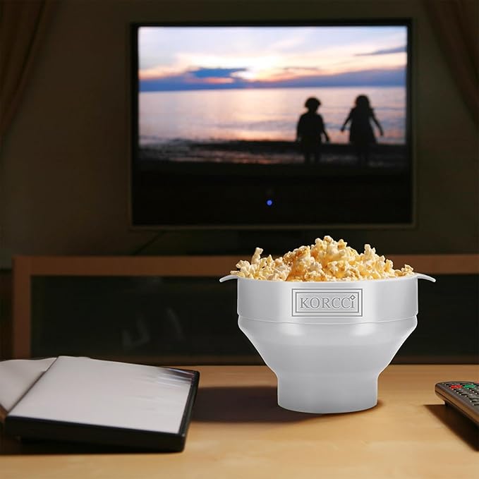 The Original Korcci Microwaveable Silicone Popcorn Popper, Microwave Popcorn Popper, Collapsible Microwave Popcorn Maker Bowl, No Oil Required, Use In Microwave, Dishwasher Safe (White)