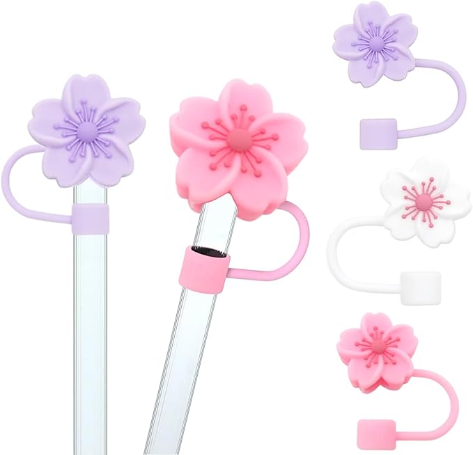 Silicone Straw Caps for 10mm Tumblers | Reusable Dust-Proof Straw Toppers Compatible with Stanley 30oz & 40oz Tumblers (Purple Flower 3pc)