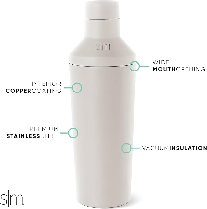 Simple Modern Cocktail Shaker Set with Jigger Lid | Stainless Steel Boston Shaker Insulated Martini Mixer for Mocktails | Gifts for Men Women Him Her | Classic Collection | 20oz | Almond Birch