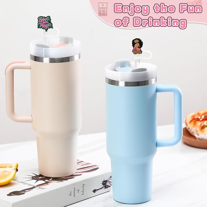 9PCS Straw Covers for Stanley Cup Tumbler 30 oz / 40 oz Leak Proof Straw Toppers 10mm Silicone Cute Caps for Stanley Cup Accessories-Black Girl