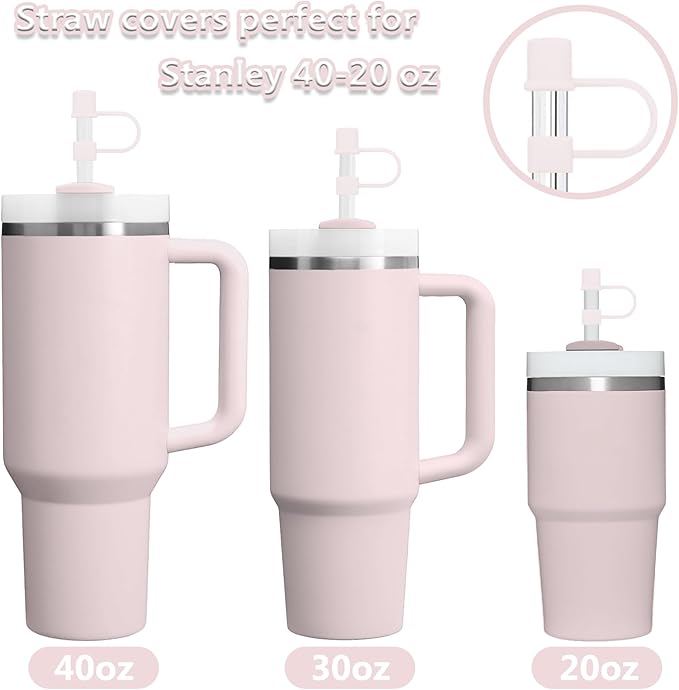 6PCS Silicone Straw Covers Cap Compatible with Stanley Cup 30-40 oz Tumbler with Handle 10mm Straw Toppers Reusable Cover for Stanley Cup Accessories（Pink-White）