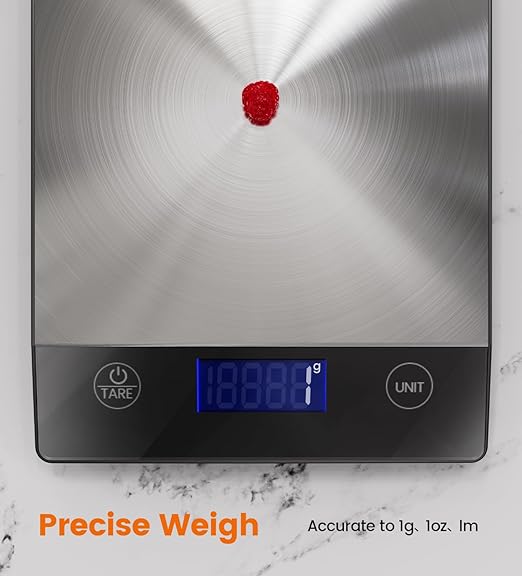 AZC 250mAh Rechargeable Food Scale，0.1oz-33lb， 304 Stainless Steel Waterproof Kitchen Scale，Batteries and Type-C Charging Food Scales for Kitchen，Inclined LCD Display