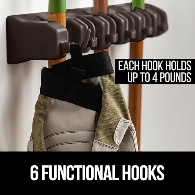 GORILLA GRIP Wall Mount Hook Fixture, Also Includes Slots to Hold Mop, Broom, Tools, Easy Install, Organize Cleaners, Tools, Home, Kitchen, Garage, 6 Hooks 5 Slots, Brown