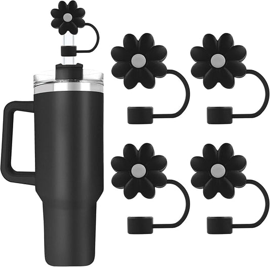 Velaco 4Pcs Black 0.4in/10mm Diameter Silicone Straw Covers Cap Compatible with Stanley 20 30&40 Oz Cup, Straw Toppers for Stanley 40 Oz Tumbler with Handle, Dust-Proof Straw Caps for Water Bottle