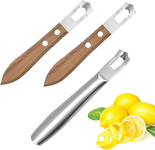 3 PCS Cocktail Channel Carving Knife Walnut Wood Handle Fruit and Vegetable Carving Tool V-Shaped Stainless Steel Blade, Garnish Citrus Zester for Decorating Cocktails, Desserts, and Salads
