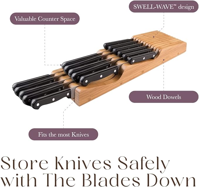 Bellemain 100% Pure Bamboo in Drawer Knife Block | 16 Knife Slots Knife Drawer Organizer | Store Knives Safely with The Blades Down | Storage Solution for Your Kitchen | Knife Organizer Drawer Insert