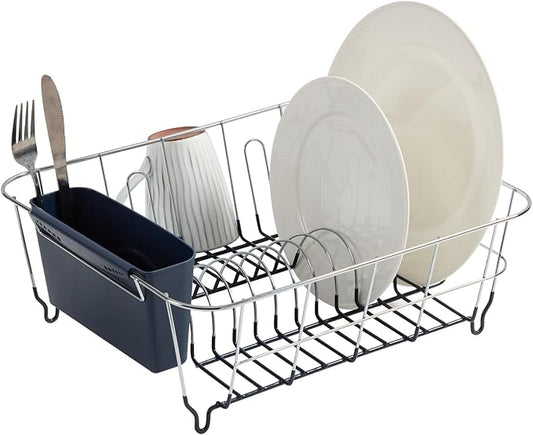 Dish Drying Rack & Cutlery Holder 2 Piece Set ✅ Compact Sink-Fitting Dish Drainer with Rubberized Undercoating ✅ Space-Saving Kitchen Organizer for Plates, Cups, Bowls & Utensils In Sink, Navy