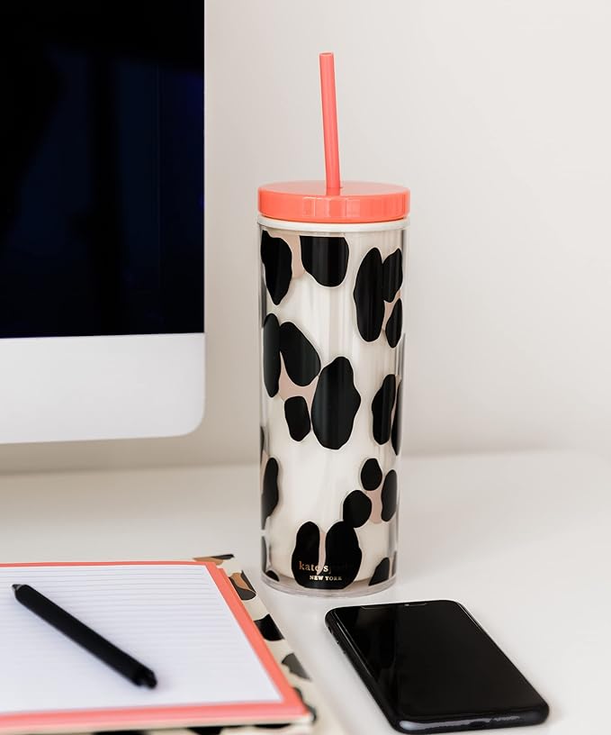 kate spade new york Insulated Tumbler with Reusable Straw, Leopard Print 24 Ounce Acrylic Travel Cup with Lid, Forest Feline
