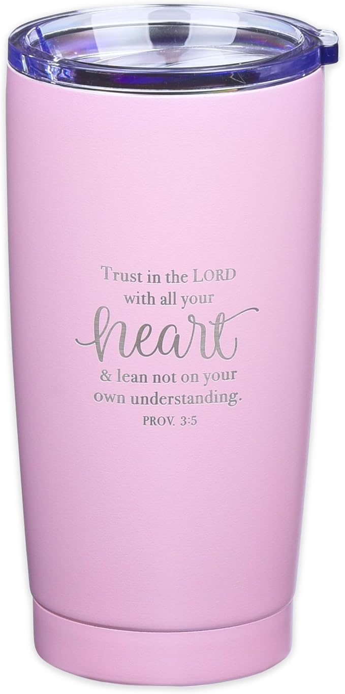 Christian Art Gifts Stainless Steel Double-Wall Vacuum Insulated Travel Mug 18 oz Pink Tumbler with Lid for Women Inspirational Bible Verse - Trust in the Lord - Proverbs 3:5