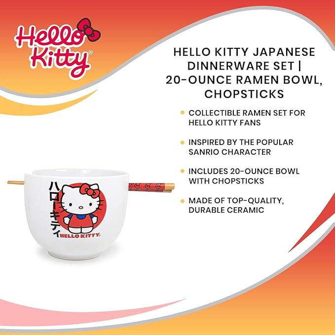 Silver Buffalo Sanrio Hello Kitty Japanese Ceramic Ramen Noodle Rice Bowl with Chopsticks, Microwave Safe, 20 Ounces
