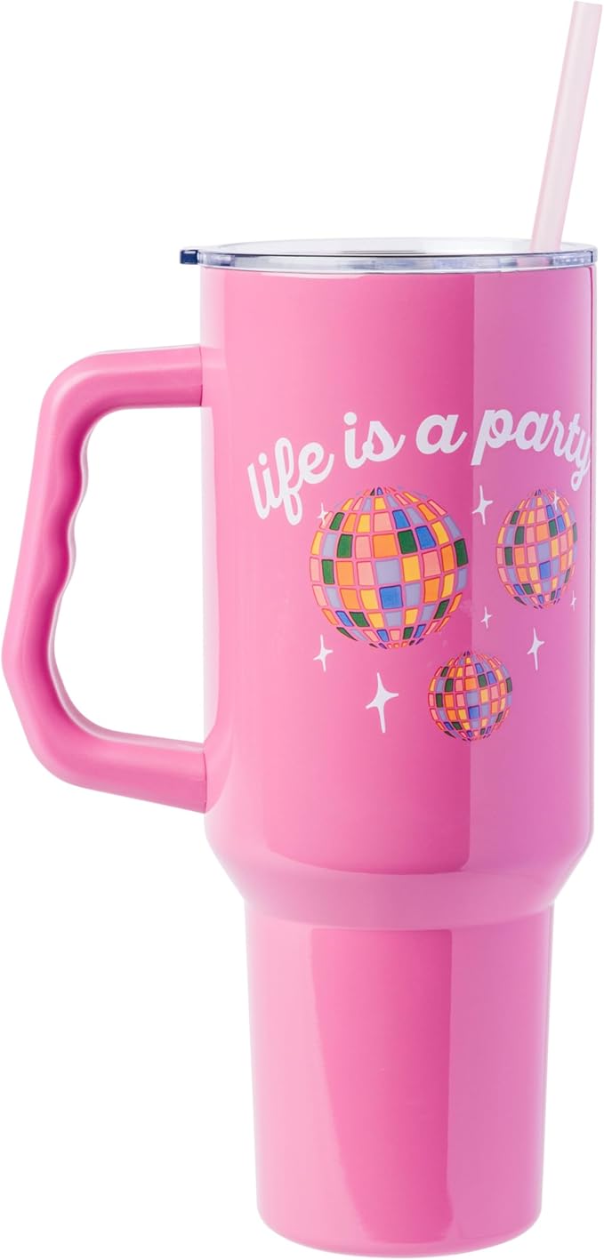 Silver Buffalo Disney Lilo and Stitch Life is a Party Disco Ball Stainless Steel Tumbler with Handle and Straw, Fits in Standard Cup Holder, 40 Ounces