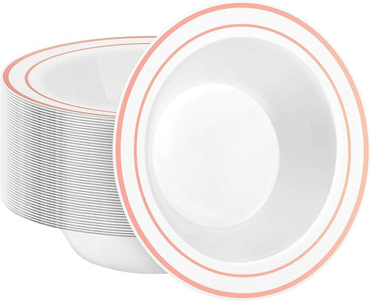 50 Pack Disposable Soup Bowls with Rose Gold Rim, 12oz Premium Heavy Duty Plastic Dinner Bowls for Party, Wedding and Holiday
