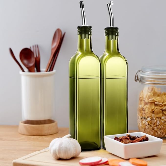 2 Pcs Green Glass Olive Oil Dispenser and Vinegar Dispenser Set with 2 Stainless Steel Pourers, 4 Labels, 1 Brush, 1 Funnel (500ml) for Kitchen, Cooking, Salad Dressing, Barbecue, Mixing