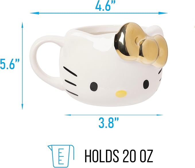 Silver Buffalo Sanrio Hello Kitty Gold Chrome Reflective Bow Ceramic 3D Sculpted Mug, 20 Ounces