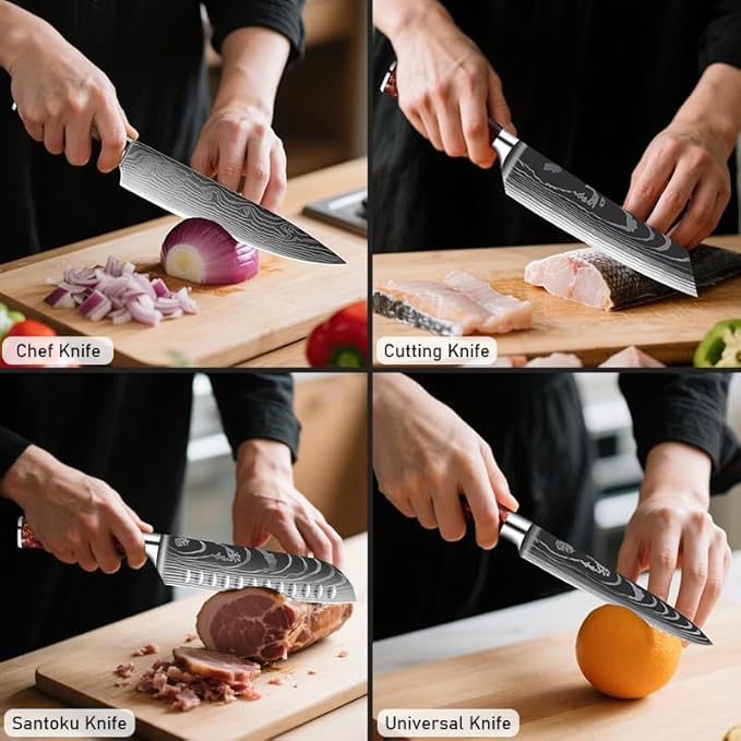 8-Piece Premium Japanese Kitchen Knife Set - Imperial Collection, Laser Damascus Pattern, 440A Stainless Steel Ultra Sharp for Fast Cutting (DMS-8A-Purple)