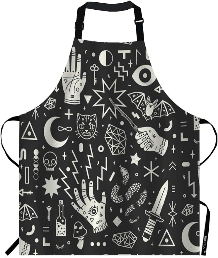EKOBLA Magical Witchcraft Aprons Hand Eyes Moon Skull Cat Bat Snake Dagger Mushroom Key Waterproof Resistant Chef Cooking Kitchen BBQ Adjustable Aprons for Women Men 27x31 Inch
