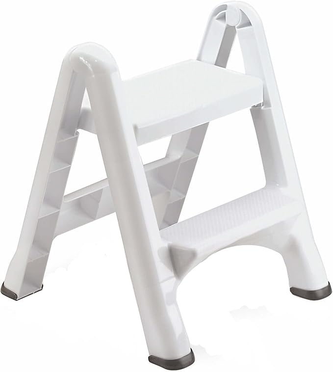 Rubbermaid Two-Step Folding Foot Stool 14-Inch High White 300 Pound Capacity Small Step Stool for Adults/Kids for Use in Library/Kitchen/Bathroom/Garage/Closet
