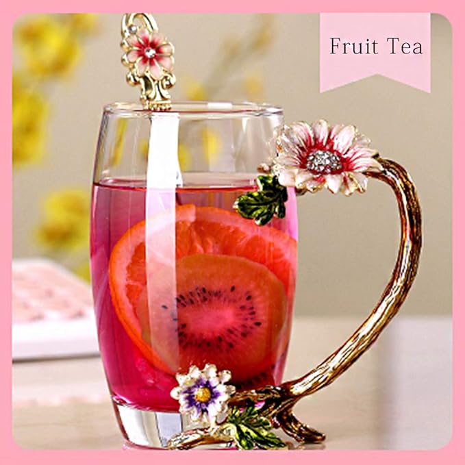 Enamel Sunflower Crystal Lead-Free Glass Tea Cup with Spoon Set, Present for The Christmas, Valentine's Day.Best Present for Mother, Grandma, Girlfriend, Sister.