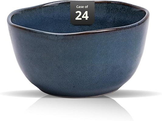 Organic Shape Restaurant Cereal Bowl 5.5", Commerical Grade Catering Stoneware Rice bowl in Ir-regular Organic Shape, Chip & Scratch Resistant, Glossy Reactive Glaze Blue, Case of 24