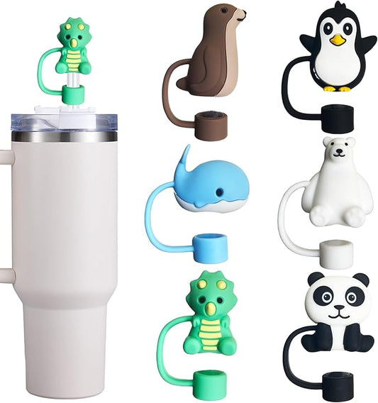 6PCS Cute Animal Silicone Straw Cover Cap for Stanley 30&40 Oz Tumbler with Handle, Reusable, Lightweight, Dust-Proof, 10mm Straw Tips, Color 5